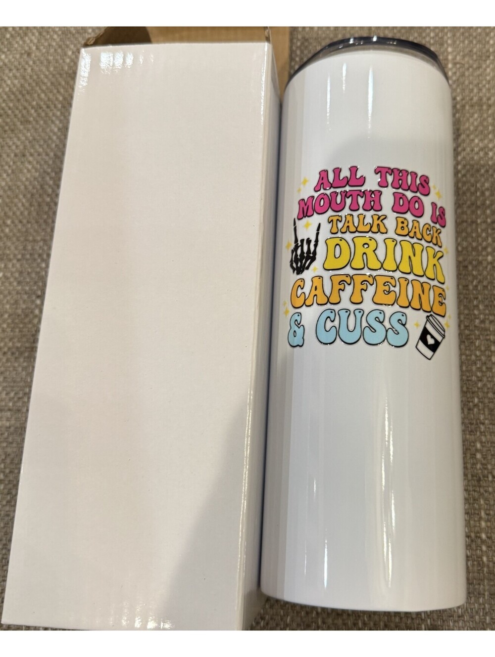 New White 20 Oz Skinny Tumbler Caffeine Custom Saying Water Bottle Metal Straw